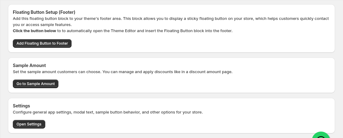 Floating Button Setup, Sample Amount & Settings Screen
