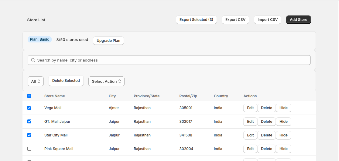 Store List Interface